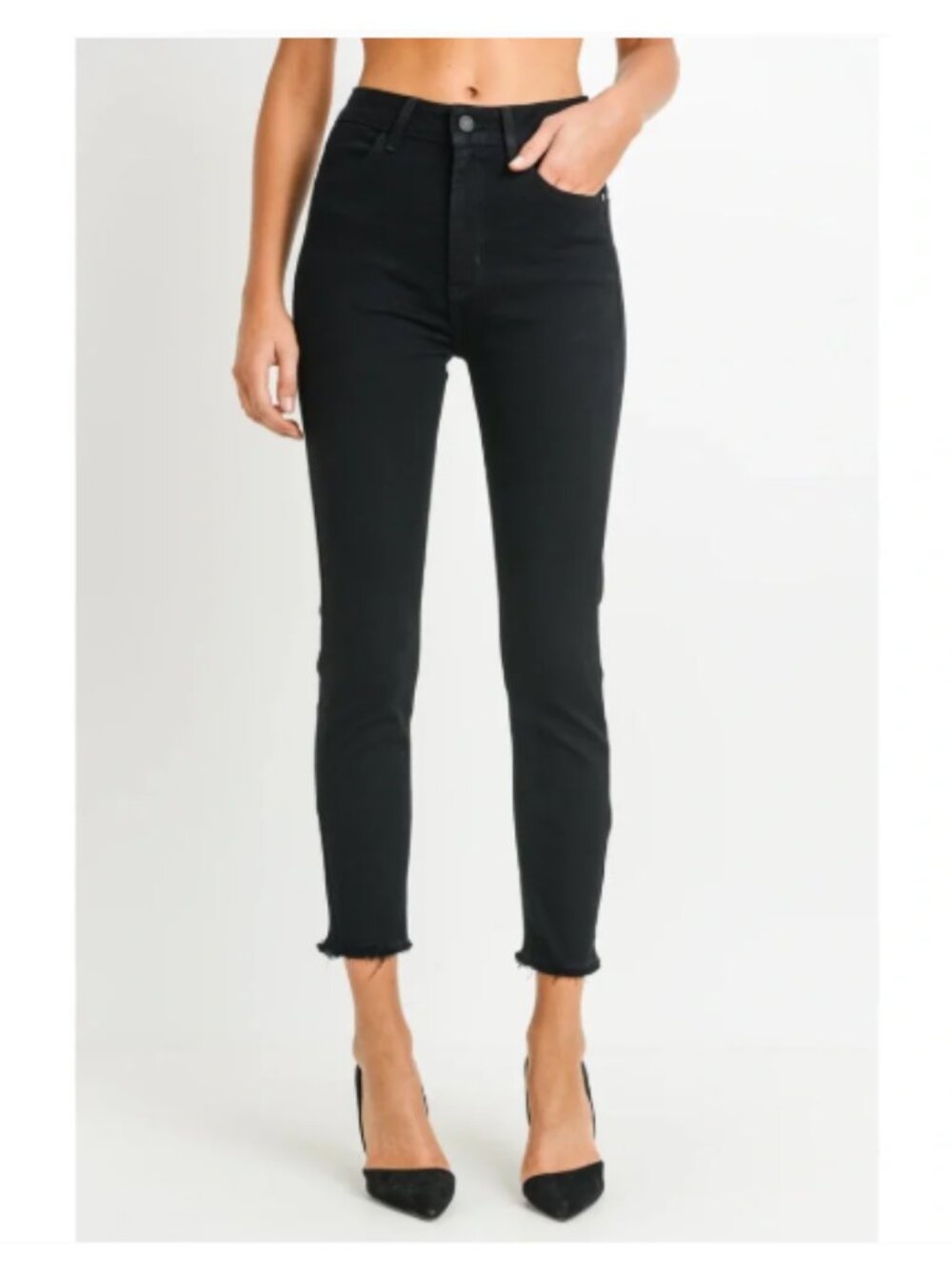 Black Denim - Frayed Hem Skinny Jeans